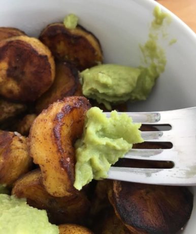 Pan roasted plantains with mashed avocado